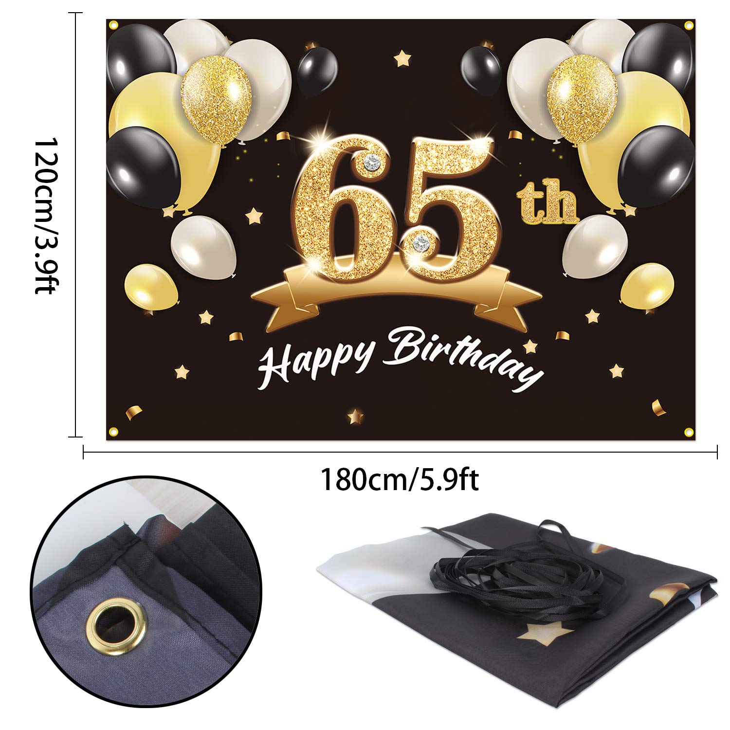 PAKBOOM Happy 65th Birthday Banner Backdrop - 65 Birthday Party Decorations Supplies for Men - Black Gold 4 x 6ft