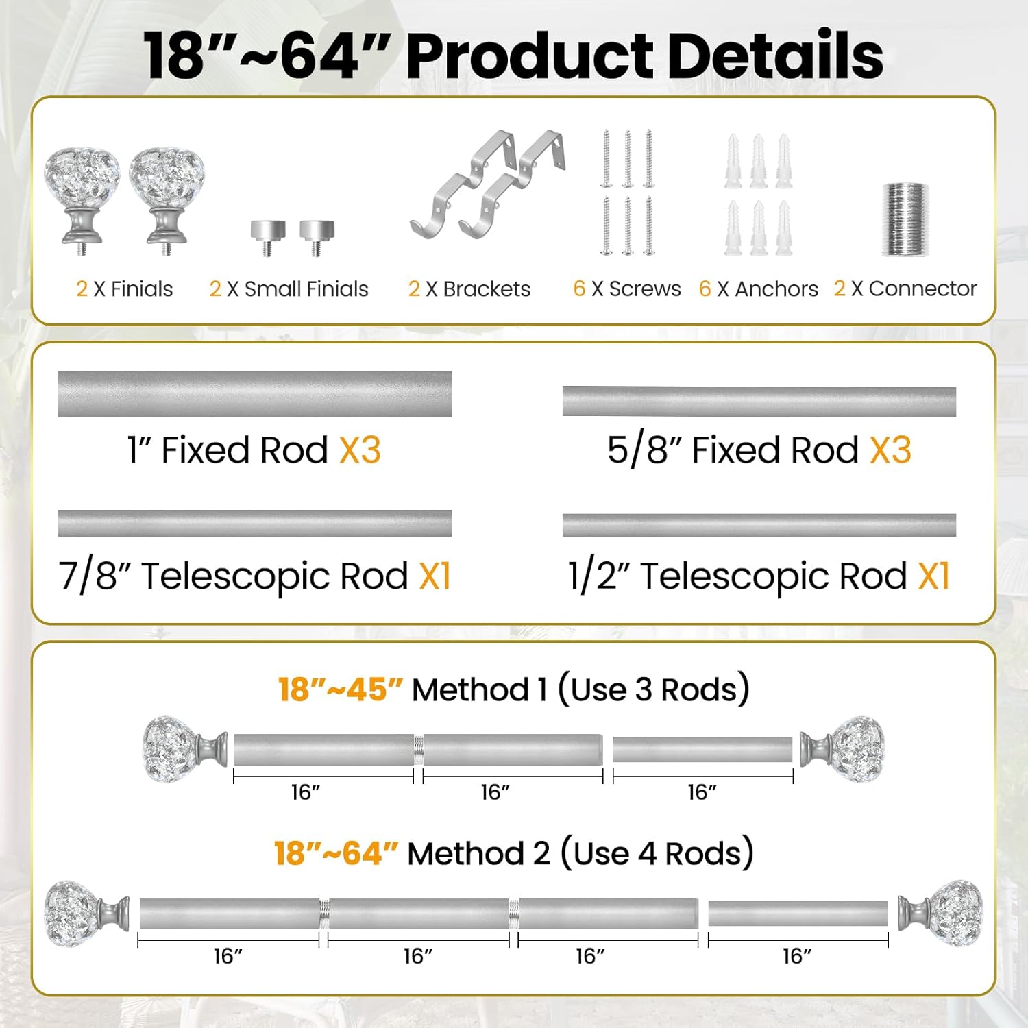Silver Double Curtain Rod for Windows 28 to 48 Inch: Double Window Treatment Curtain Rod Heavy Duty Adjustable from28 to 48 Inch - Silver Foil Resin Finials and Double Curtain Rod