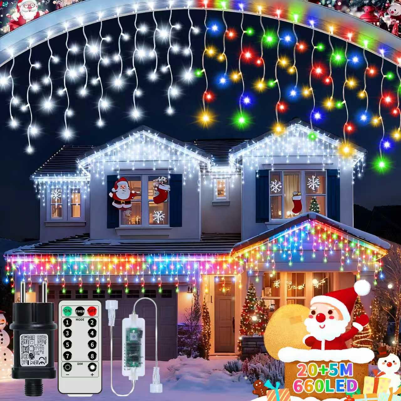 3 IN1 Luci di Natale da Esterno, 20m+5m 660LED Luci Natalizie da Esterno Cascata con Telecomando Timer 8 Modalità, IP65 Impermeabile Luci di Natale per Bordo Tetto Balcone Natalizia