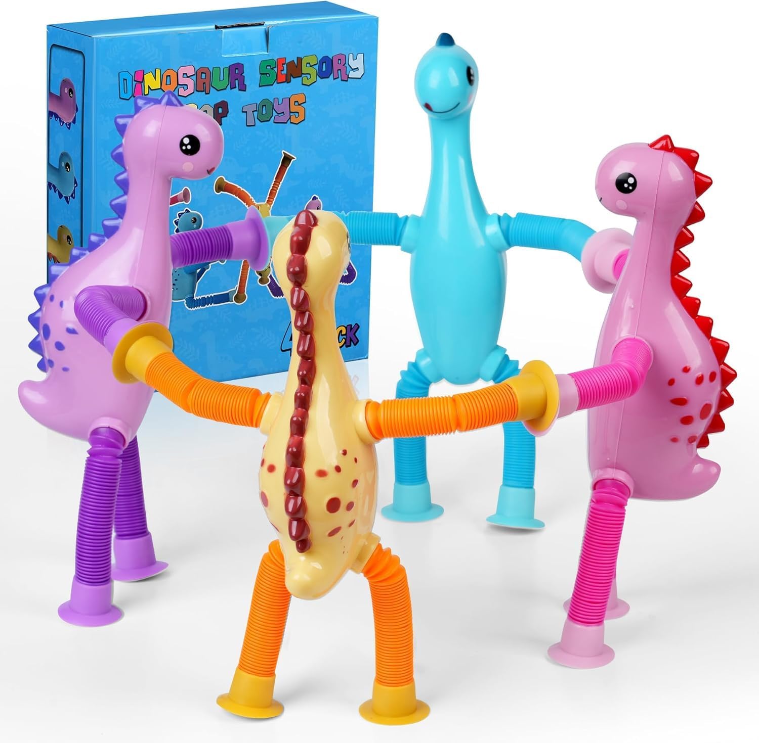 4PCS Dinosaur Pop Sensory Tube,Airplane Travel Toys for Toddlers Kid Boys Girls Year Old Ages 3+ ADHD Autism Plane Road Trip Activities Essential Suction Cup Pop Dino Fidget Toys Autistic Gifts