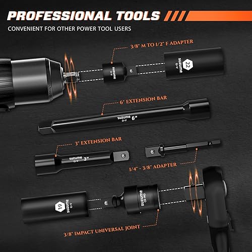 Miniatura 3 de SUZUME Juego de llaves de impacto de 3/8, acero Cr-V, 6 puntas, accionamiento de 3/8", 50 piezas métricas estándar (8-22mm) y SAE (5/16-pulgadas a