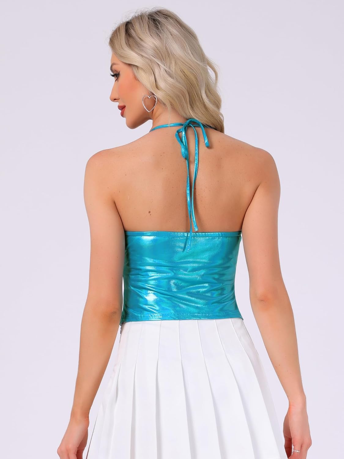 Allegra K Metallic Backless Cami for Women's Valentine's Day Asymmetrical Spaghetti Straps Halter Sparkle Tank Top - Image 2