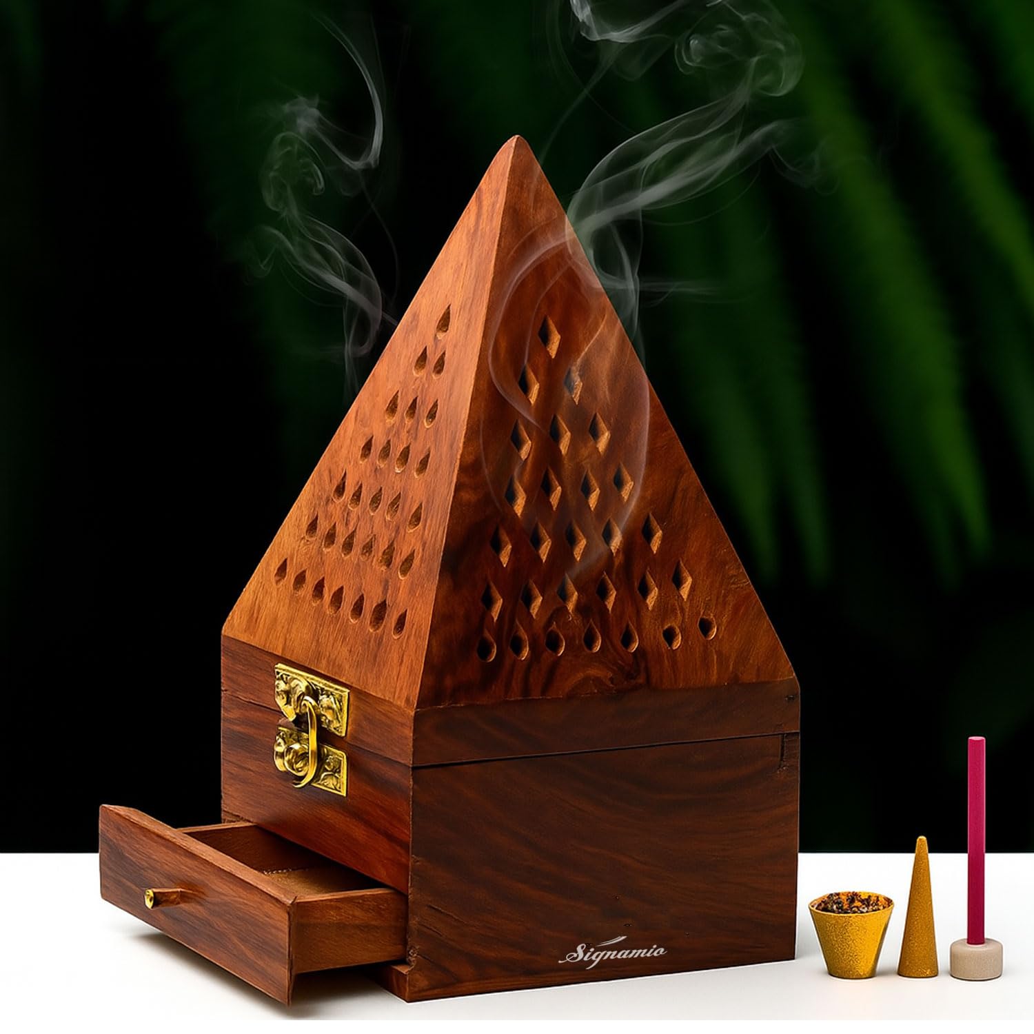 SIGNAMIO® Wooden Sambrani Dhoop Stand Incense Holder: Dhoop Dani Items for Home Mandir, Perfect Pooja Room Decoration and Pooja Thali Set Rituals -Pack of 1