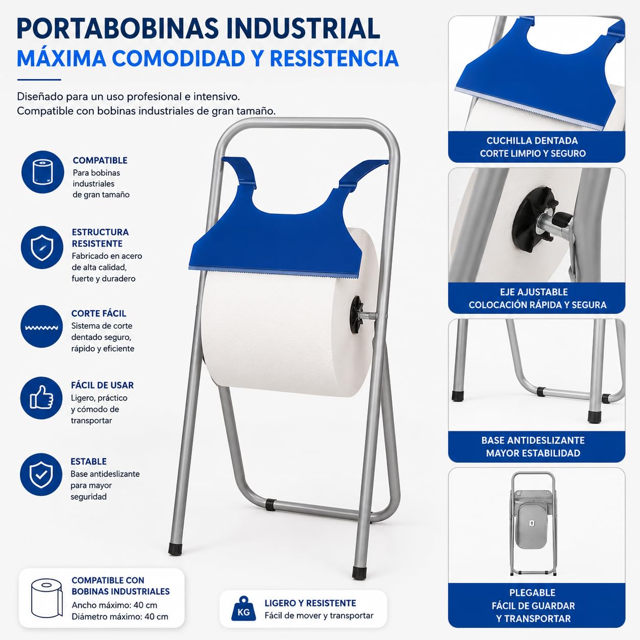 Portarrollos Celulosa Industrial Soporte Metálico con Sistema de Corte para Bobinas de Celulosa. Ideal para talleres, Industria, hostelería, cocinas Profesionales, almacenes.