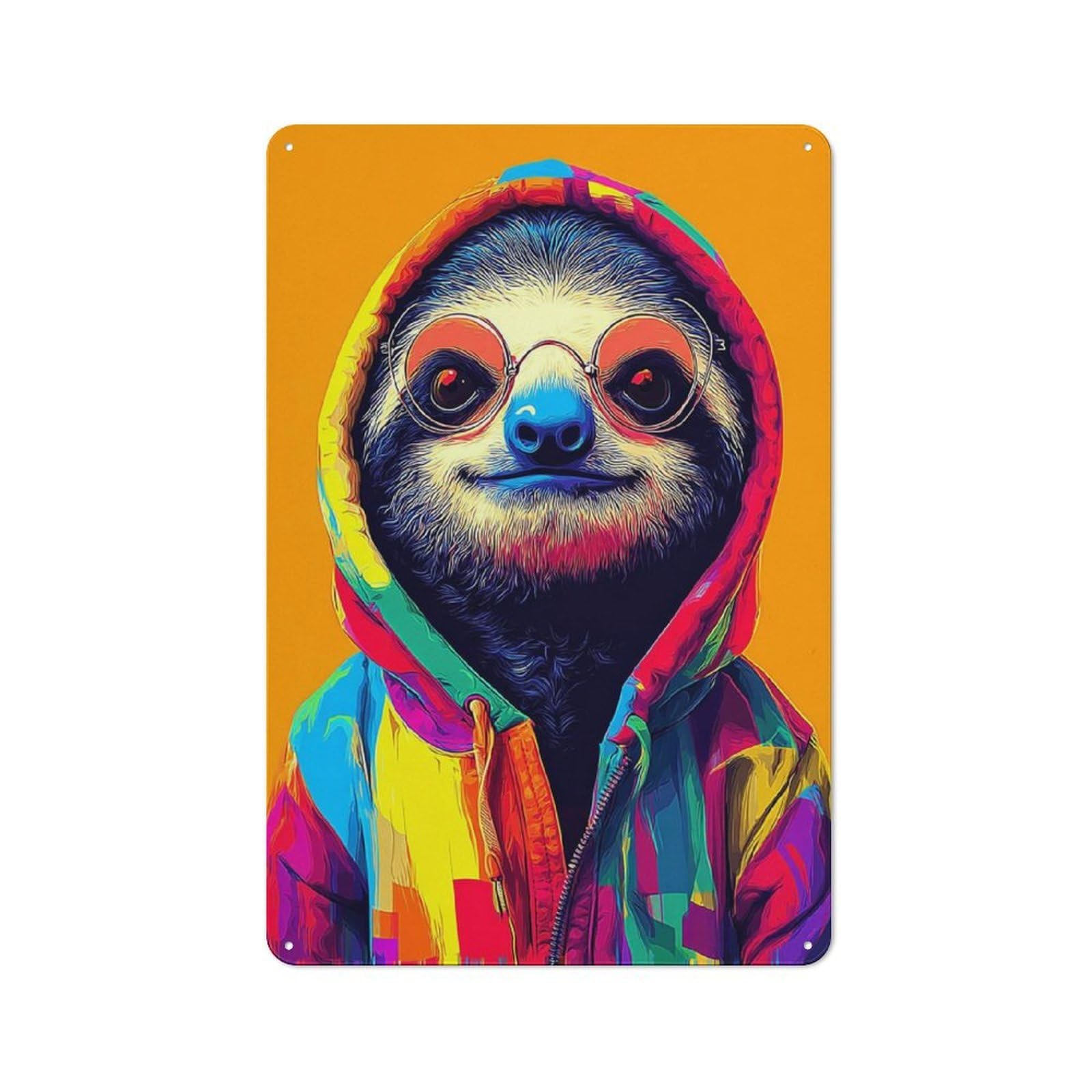 Junmoney Colorful Sloth In Trendy Hoodie Metal Wall Sign 30X20cm Featuring For Bar Or Restaurant, For Themed Interiors In Bars And Restaurants