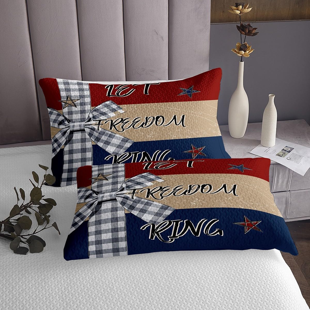 jejeloiu Independence Day Bedspread Queen Size 4th of July Coverlet Set Cute Bowknot Quilted Coverlet for All Season with 2 Pillowcases Patriotic Microfiber Lightweight