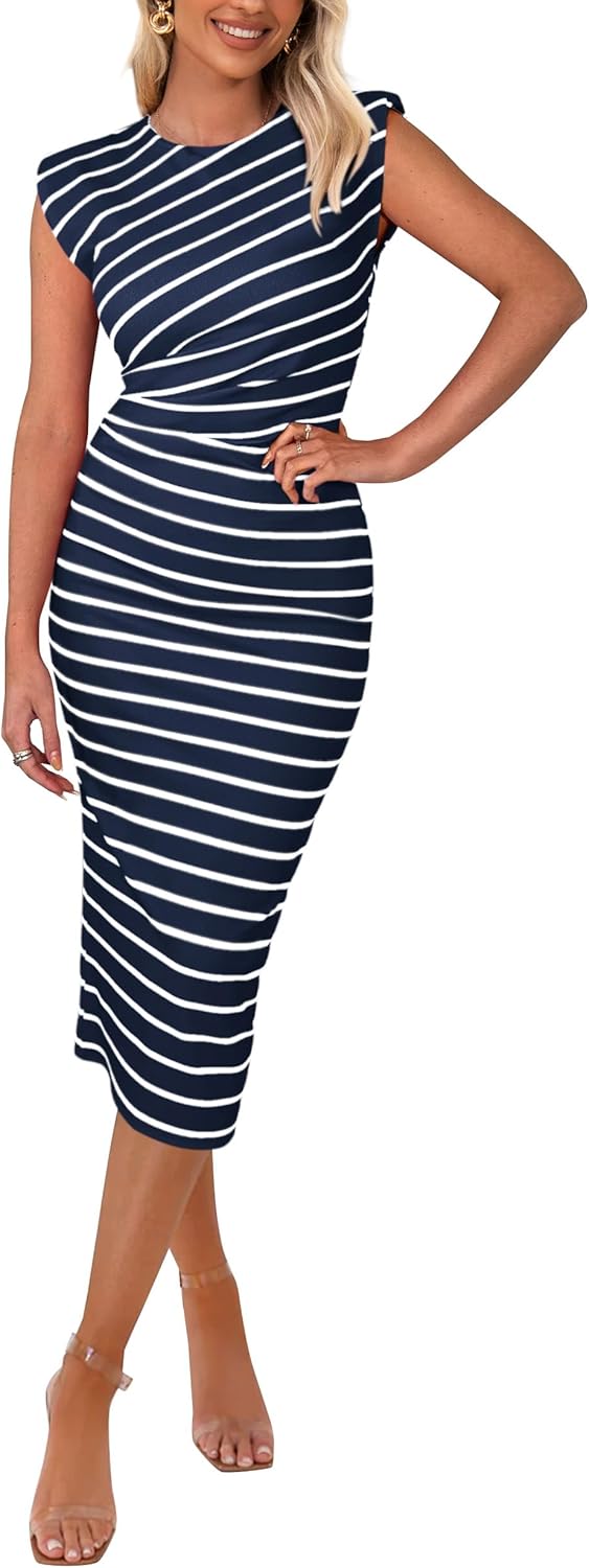 PRETTYGARDEN Women’s 2025 Summer Striped Dress Casual Sleeveless Crewneck Shoulder Pads Knit Bodycon Split Midi Dresses