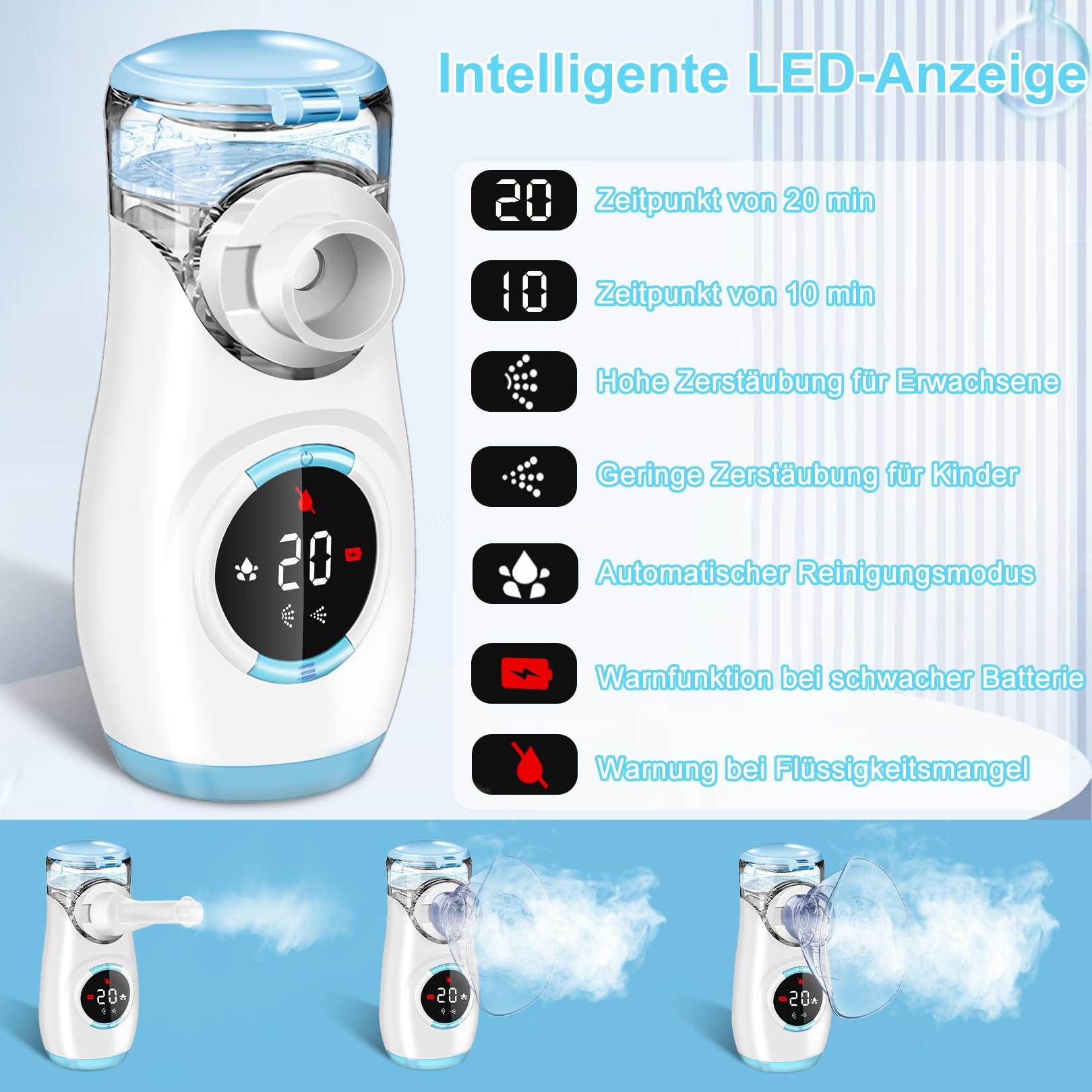Inhalationsgerät mit Digitaler Anzeige, Inhaliergeräte für Erwachsene und Kinder, Inhalator Inhaliergerät Vernebler mit Gesichtsmaske & Mundstück, Ultraleicht Klein, Leicht zu Tragen