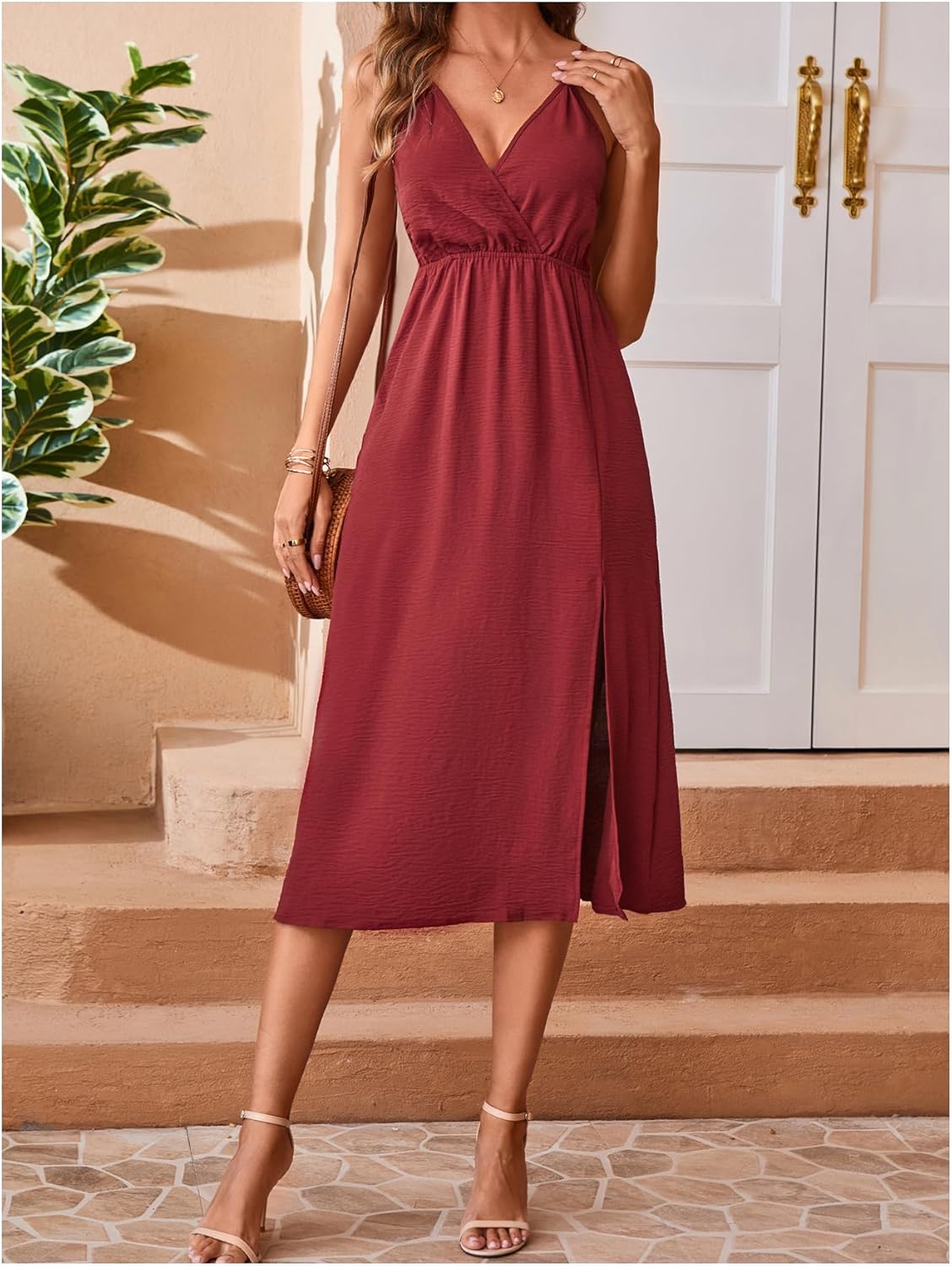 SweatyRocks Women's Tie Backless Split Midi Dresses Sleeveless V Neck Textured Summer Dress - Image 6