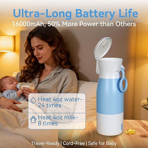 Miniatura 6 de Calentador de botellas portátil para viajes, calentador de leche portátil de 17 onzas para bebé, calentador de botellas de 16000 mAh sobre la