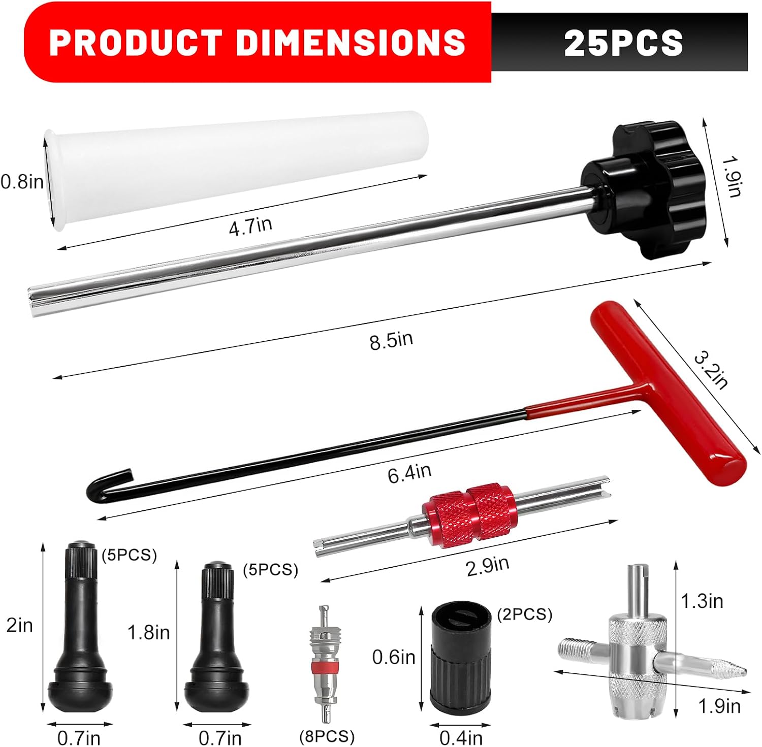 25PCS Valve Stem & Core Removal Replacement Tool Kit, Heavy Duty Tire Core Removers with 5 TR413/5 TR414 Stems, Valve Cores Stems Caps Removal Tool Kit for Car Motorcycle ATV