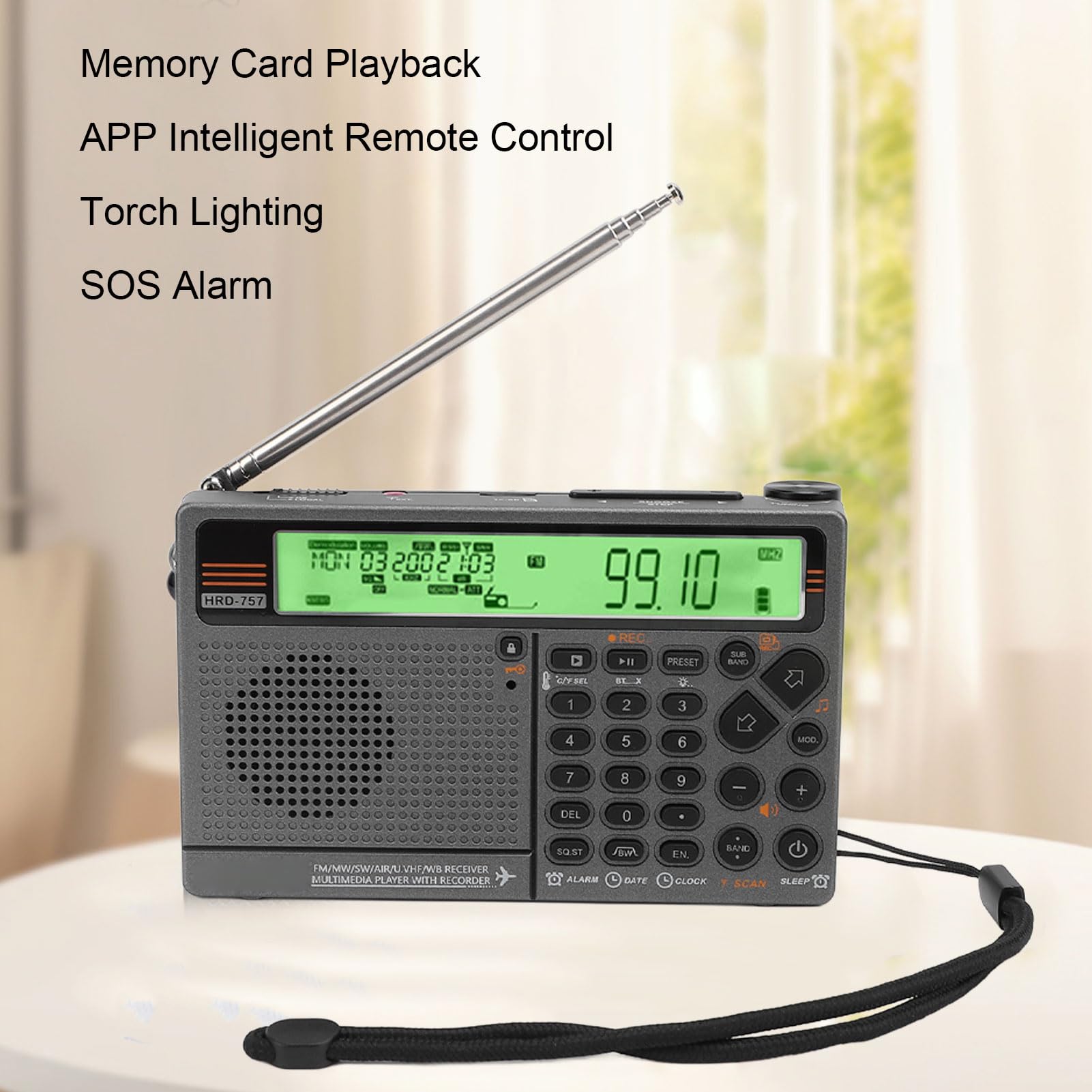 Radio Portátil de Corta, HRD-757 SW FM MW Air V.UHF WB Radio Multibanda con Pilas, Radio Portátil Recargable de 2500 MAh con Bluetooth, Alarma SOS y Linterna (Green)