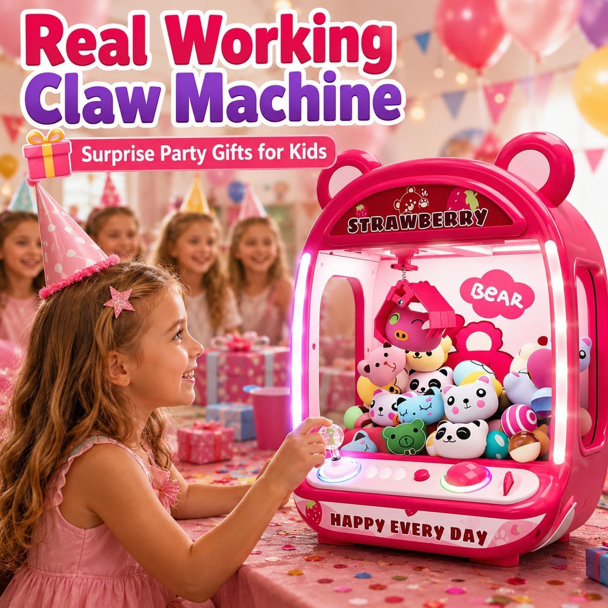 Maszyny do pazurów dla dzieci, zabawki jednorożca dla dziewczynek w wieku od 6 lat, mini automat do gier zręcznościowych z zabawkami squishy Fidget, Claw Machine, łatwa w kontroli, czerwona