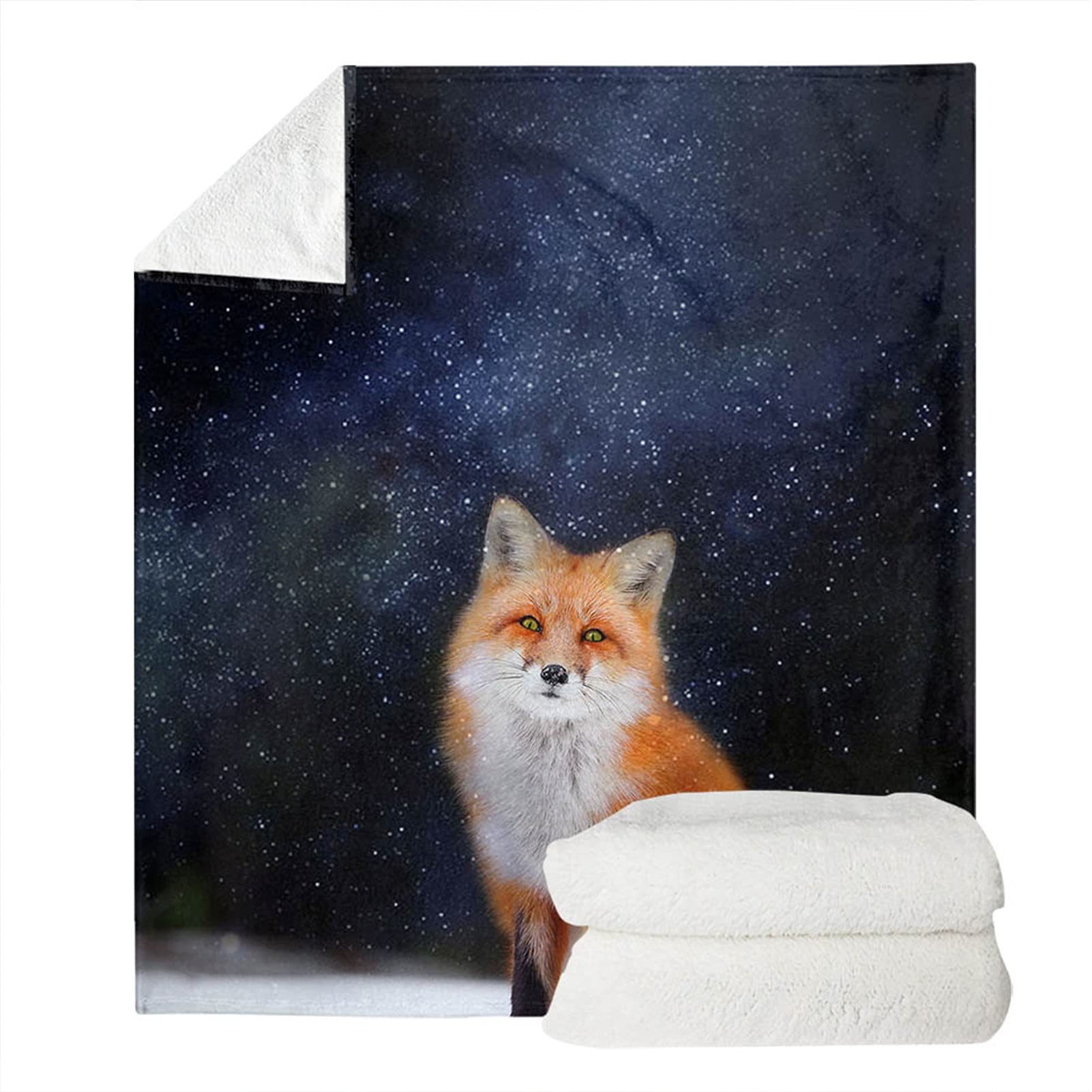 HUGS IDEA Blanket Birthday Gift Navy Blue Starry Night Fox Print Skin-friendly Cozy Flannel Shaggy Throw and Blanket, Little Prince Blankets Gift for Children Kids-2XL — image 1