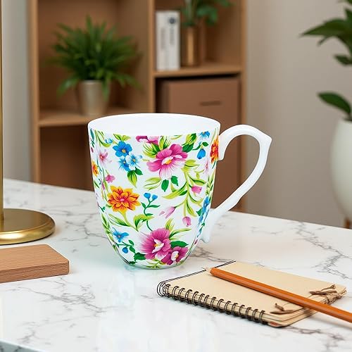 Miniatura 4 de Taza floral de porcelana de hueso de 14 onzas, taza de café floral para mujeres y hombres, taza de té de café de porcelana de hueso con asa cómoda,