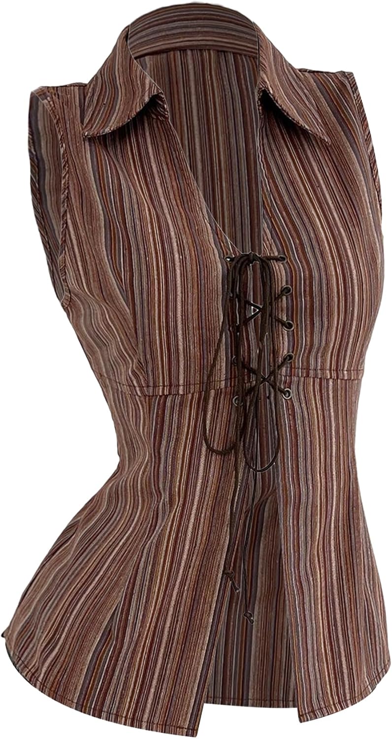 MakeMeChic Women's Striped Lace Up Blouse V Neck Collar Sleeveless Y2k Western Shirt