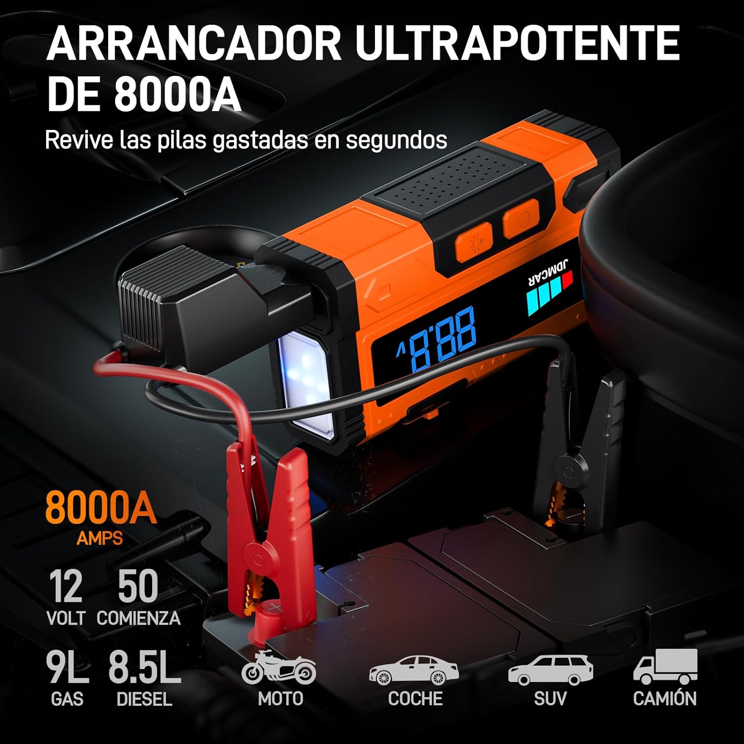 Vista frontal del JDMCAR arrancador con pantalla y cables conectados