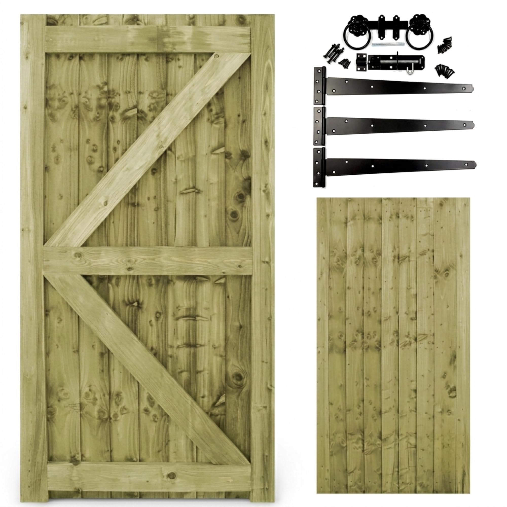 Wooden Featheredge Garden Gate, Pressure Treated, 180cm High x 90cm Wide x 4.5cm Deep, Brown, Contemporary Garden Style, Wood Material (180cm High x 75cm Wide x 4.5cm Deep, With Black Hardware Kit)