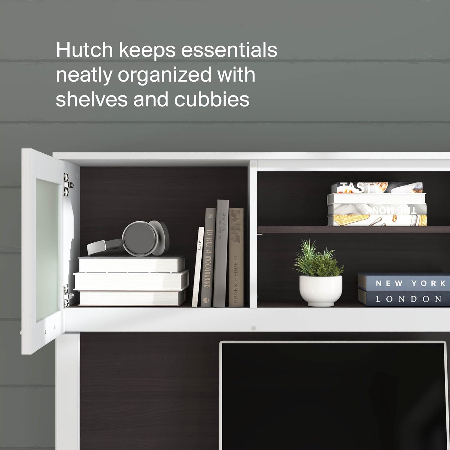 Bush Home 60-Inch Desk Hutch, Office Storage Organizer with Shelves, Cubbies and Frosted Glass Doors for Computer Desk, Home Office Furniture, Somerset Collection, Storm Gray and White