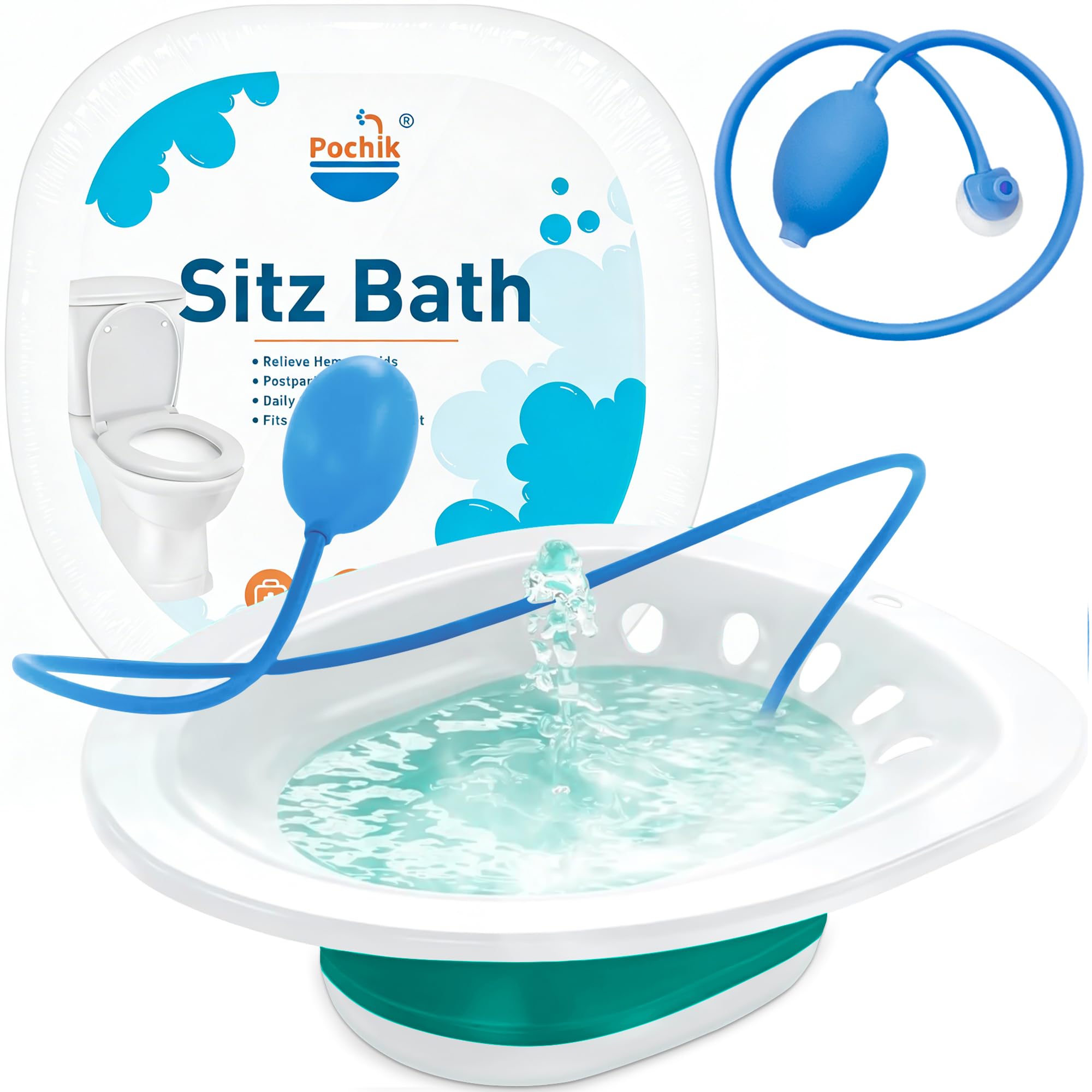 Pochik Sitz Bath for Toilet Seat Hemorrhoids and Postpartum Care, Yoni Steam Seat, Perineal Soaking, Collapsible, Flusher Hose, Drain Holes, Wider Seating Area - Green