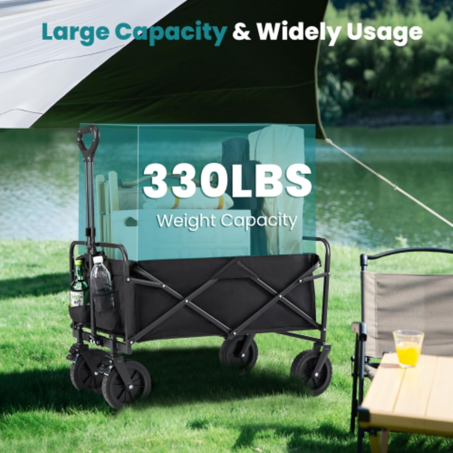 Outdoor Cart, Shopping Cart, Large Garden Cart, Portable Beach Cart, Foldable Camping, Folding Four-Wheel Cart for Garden Camping, Fishing and Shopping