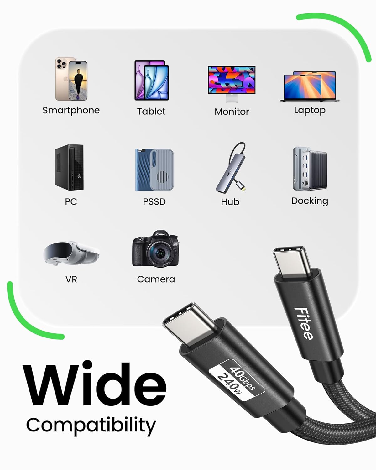 Fitee Thunderbolt 4 Cable 3FT Compatible [2 Pack], 40Gbps USB C Data Transfer Cable, 8K/6K/5K@60Hz, 4K@144Hz, PD3.1 240W Charging for iPhone 17, MacBook Pro, PSSD, Display, Docking, Monitor - Image 7