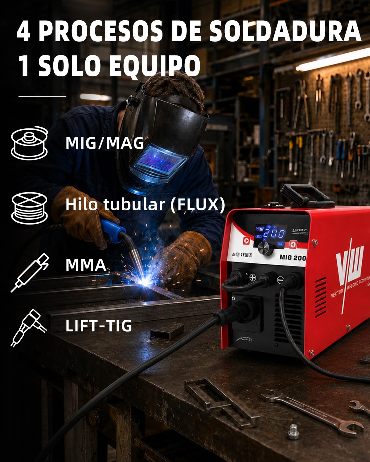 VECTOR WELDING Soldador MIG MAG 200A, Soldador de Hilo Inverter 4 en 1 | Gas MIG/Flux/MMA/Lift-TIG, Máquina de Soldar con Pantalla LED, MCU, IGBT, para Soldar con y sin Gas