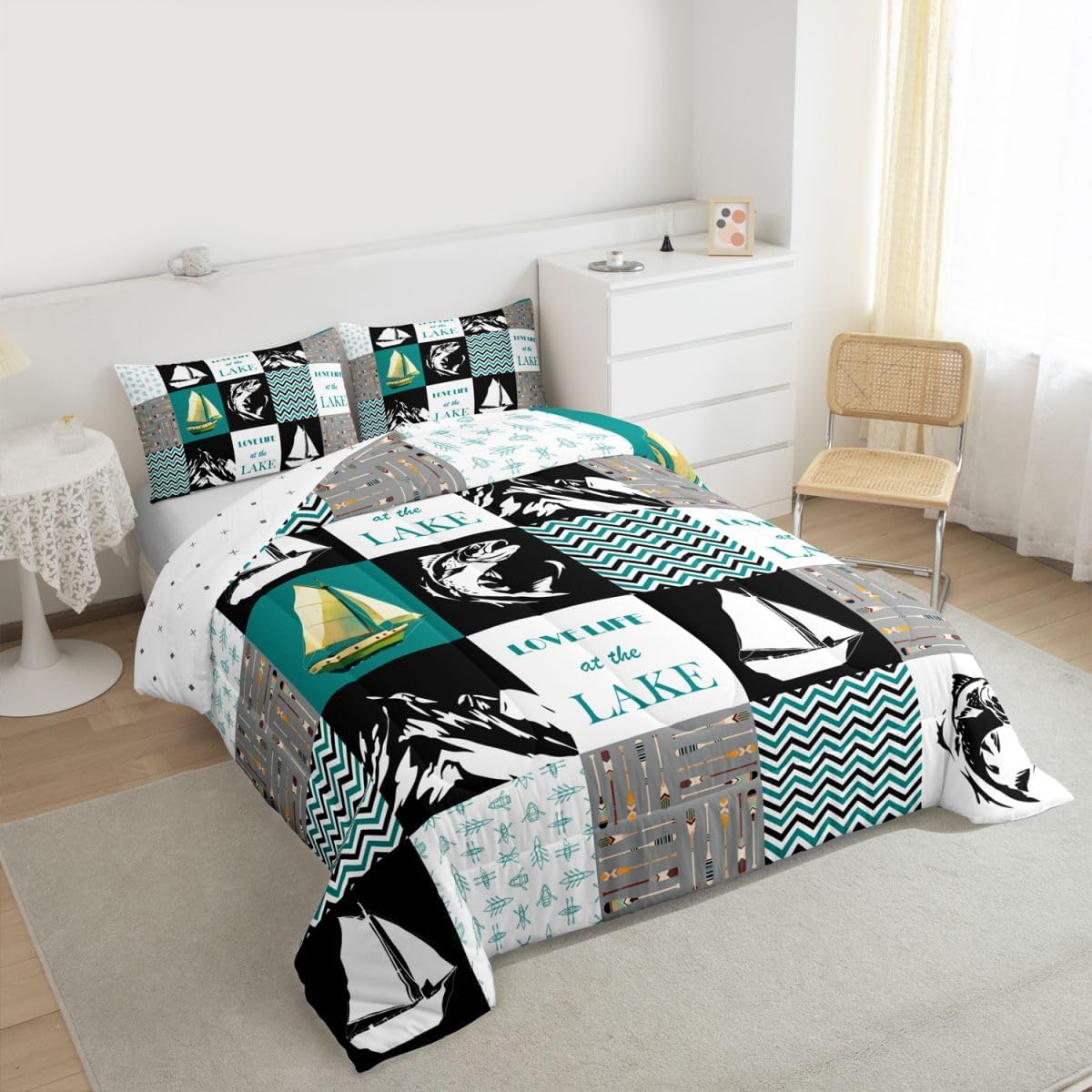 Love Lake Life Comforter Set, Lake House Bedding Set Twin Size, Retro Sailboat Rustic Down Comforter For Kids Boys Teens Adult, Hunting Fishing Plaid Patchwork Quilted Duvet, Blue White White