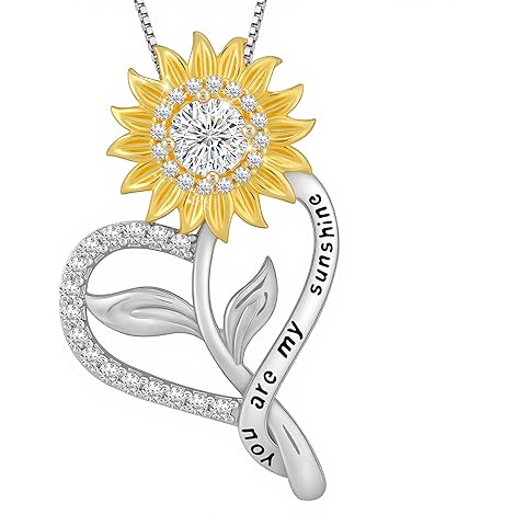 1 Carat Moissanite Sunflower Pendant Necklace | 'You Are My Sunshine' Engraved Hear...