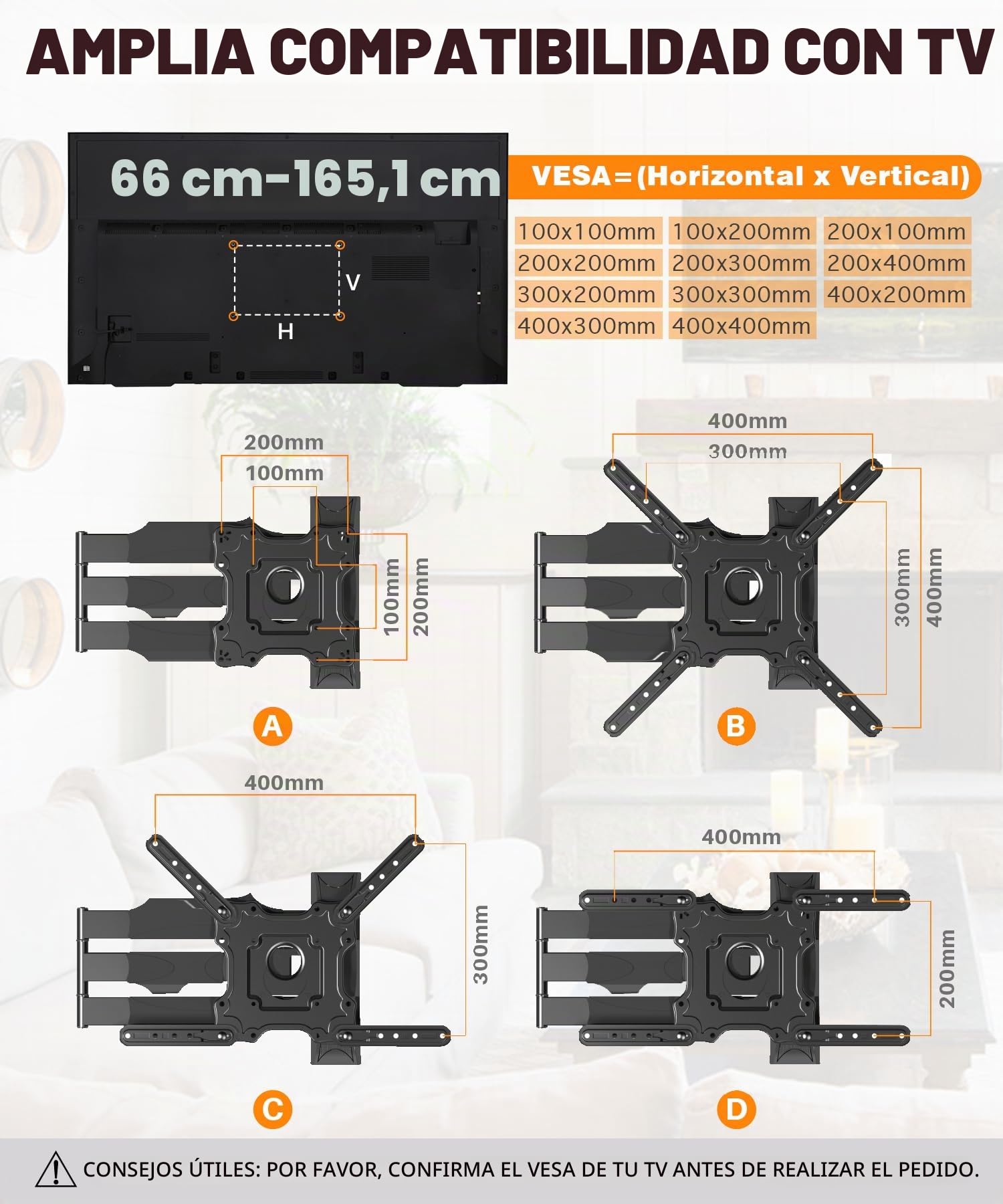 Soporte Pared TV de 32 a 65 Pulgadas, Soporte Television Brazo Largo 720mm | Inclinable y Giratorio, Máx VESA 400 x 400 mm, Soporta hasta 35 kg