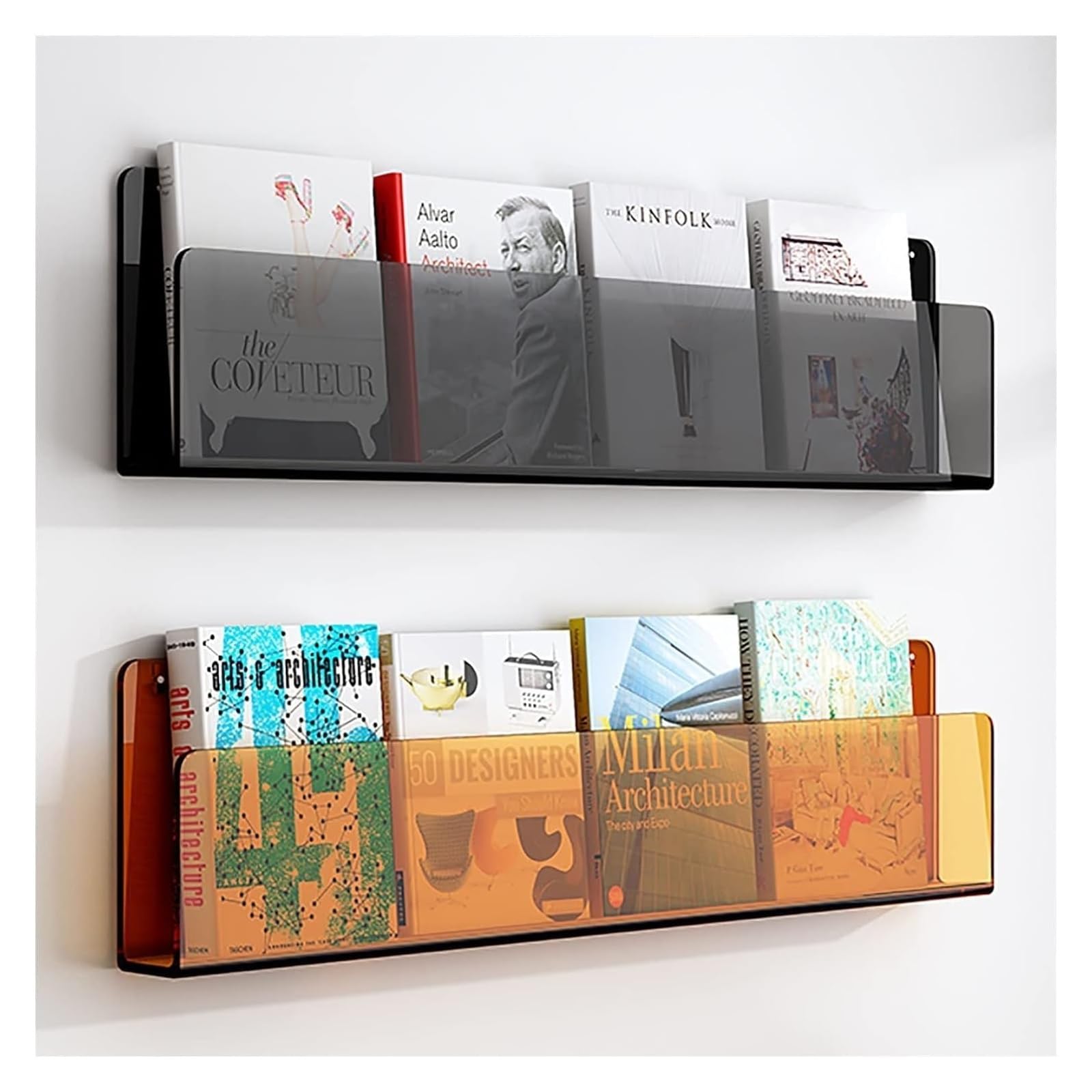 Hängendes Acryl-Bücherregal, Zeitungsständer, 2er-Pack, Wandhalterung, Grau, Orange, Mehrere Größen