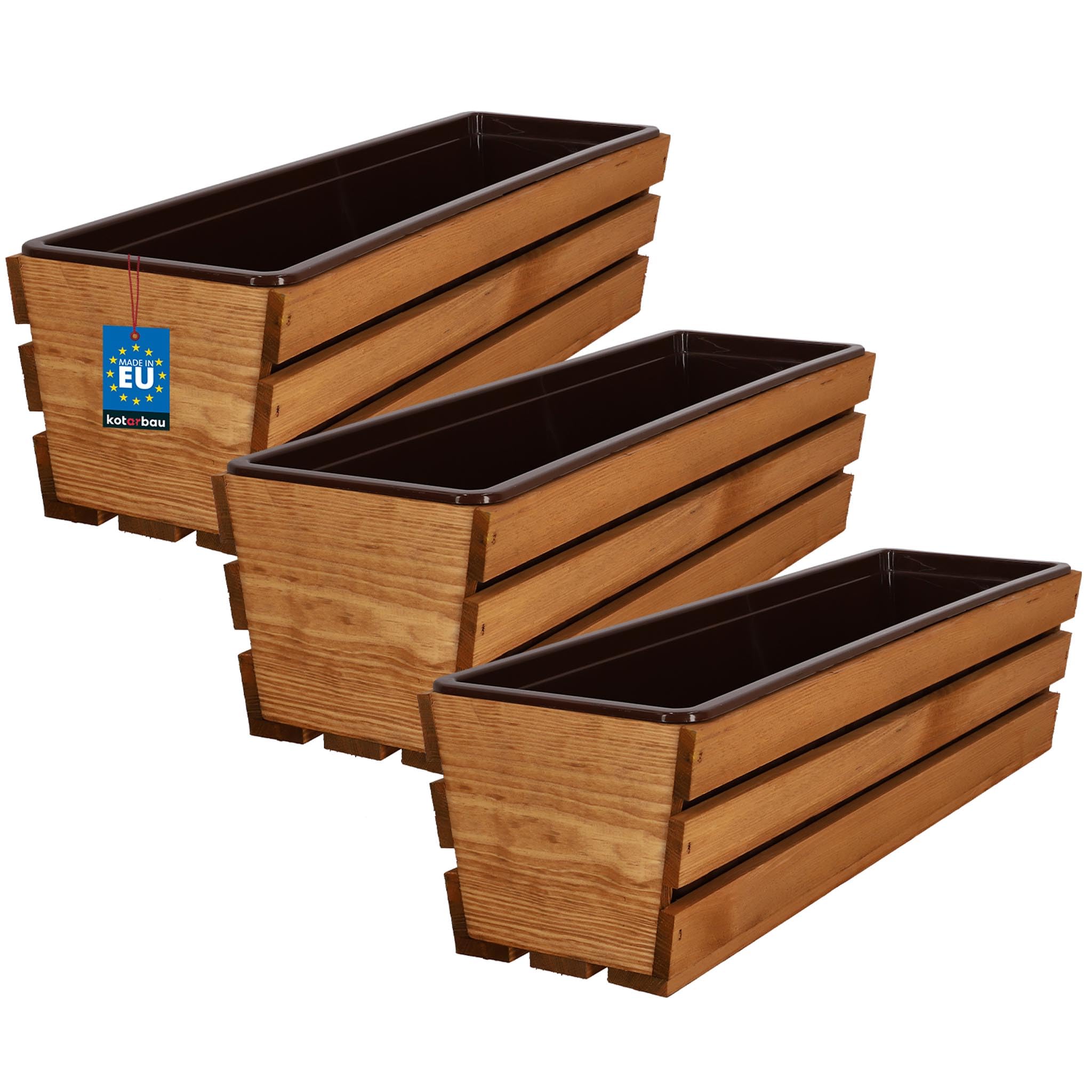 KOTARBAU® Blumenkasten für Balkon, Balkonkasten mit Kunststoffeinsatz | 3er Set, Pflanzkasten, 60 x 18 x 15 cm, Blumentopf, Kräutertopf aus Kiefernholz für Terrasse, Balkon Deko, Eiche