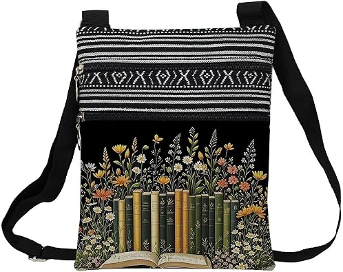 Floral Books Messenger Bag Small Ethnic Pattern Printed Adjustable Strap Crossbody Zipper Pouch Floral Books Phone Organizer Wallet Cute Shoulder Handbag for Women