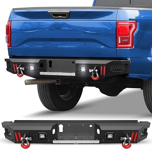 Parachoques trasero F150 con anillos en D, luces LED, orificios de sensor, placa escalonada de acero inoxidable, parachoques trasero para Ford F150