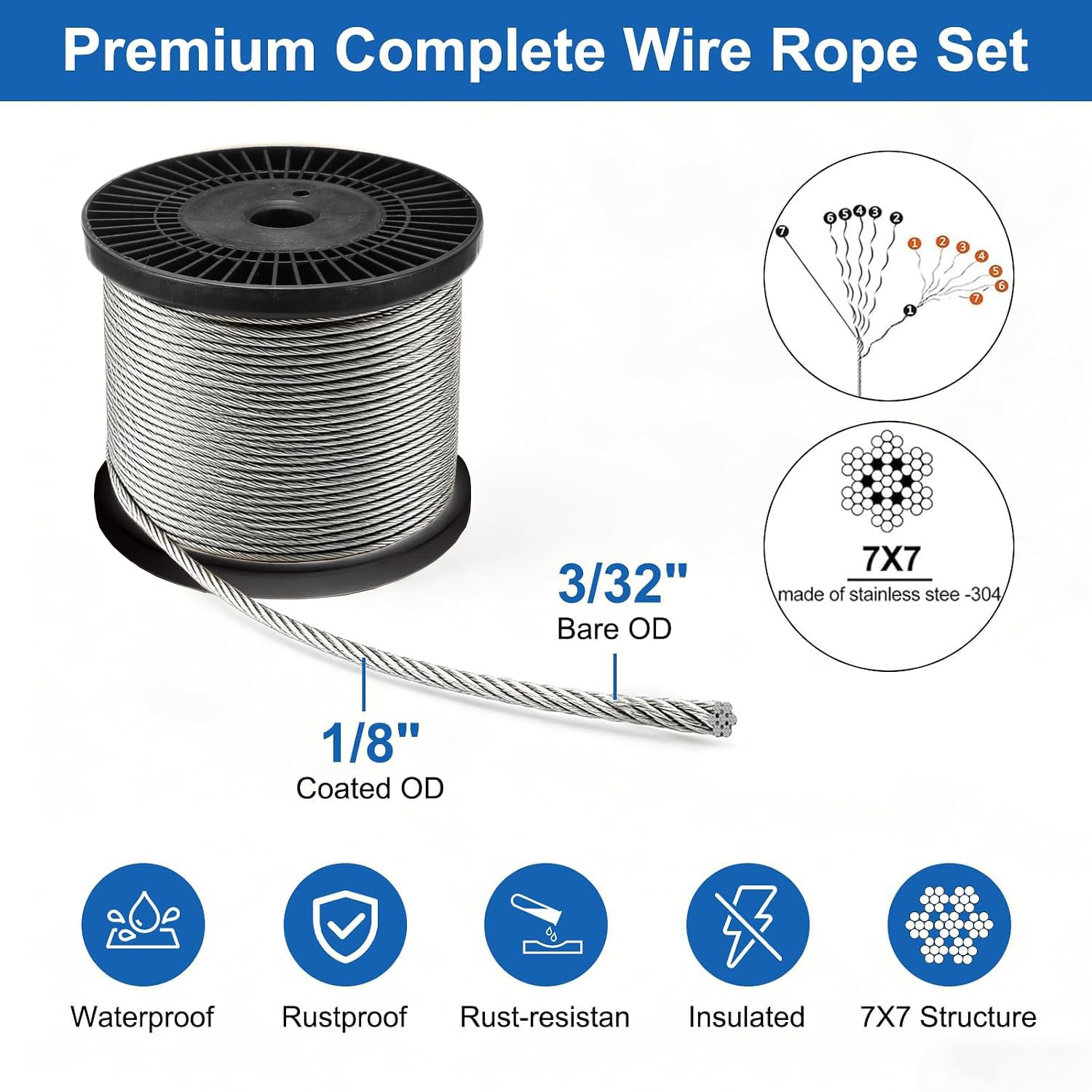 90m 3mm Cable de Acero Inoxidable, 7x7 hilos, resistencia a la rotura de 400 kg, para Colgar Glicinia, Plantas Trepadoras, Tendedero Exterior, Lámpara Colgante