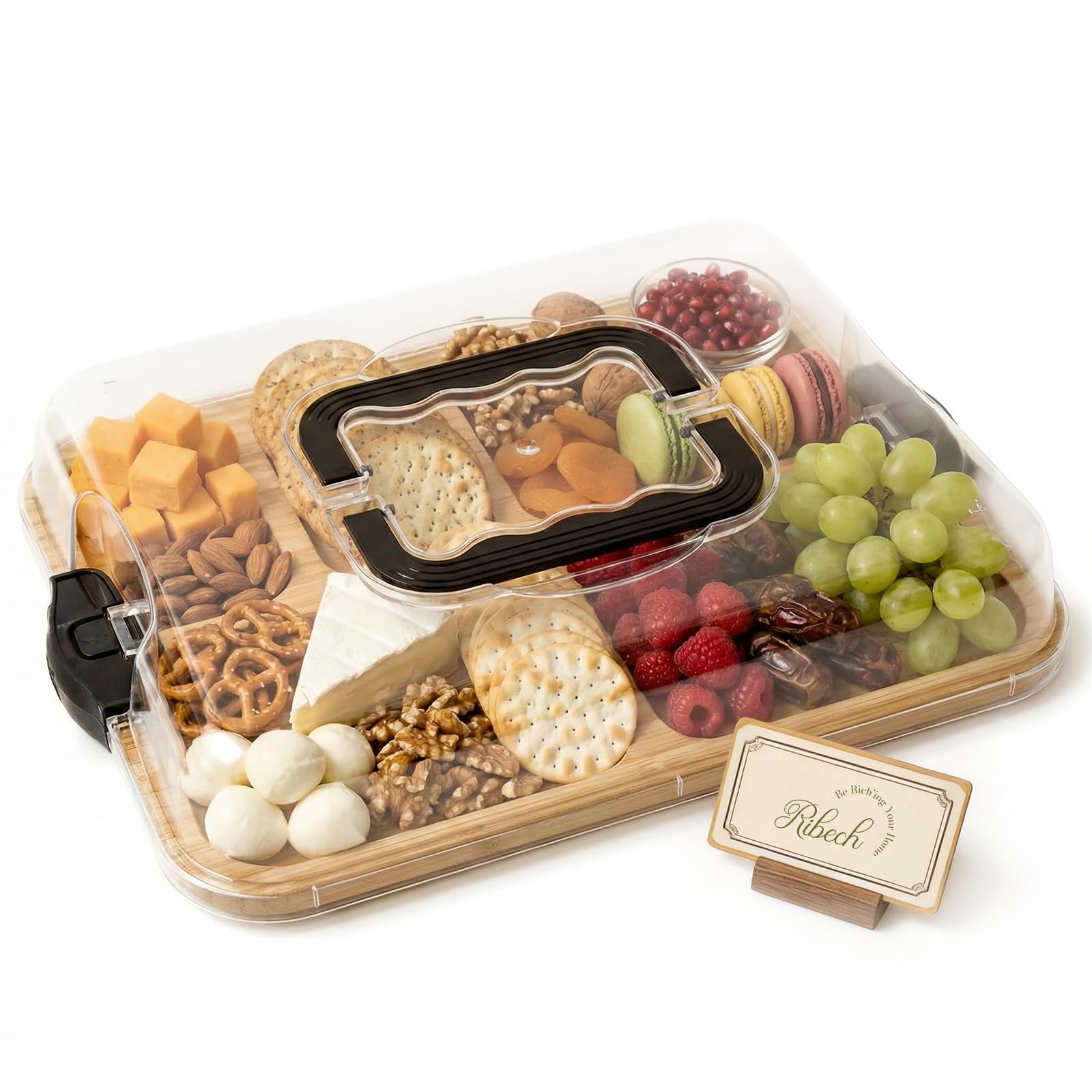 Bambus Käseplatte Charcuterie Board mit Deckel – Tragbares Käsebrett mit 6 Fächern, Holzbrett mit Käseglocke aus PET, Servierplatte für Käse, Wurst & Snacks – Ideal für Picknick, Reise & Brunch