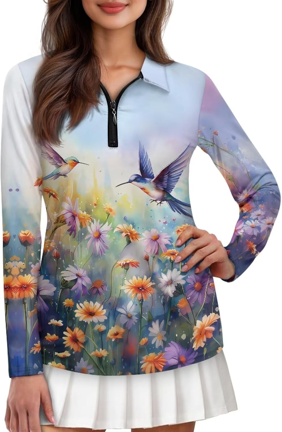 Suobstales Women Long Sleeve Golf Shirts Sun Protection 1/4 Zip Summer Quick Dry Hiking Shirts Quarter Zip Pullover for Women