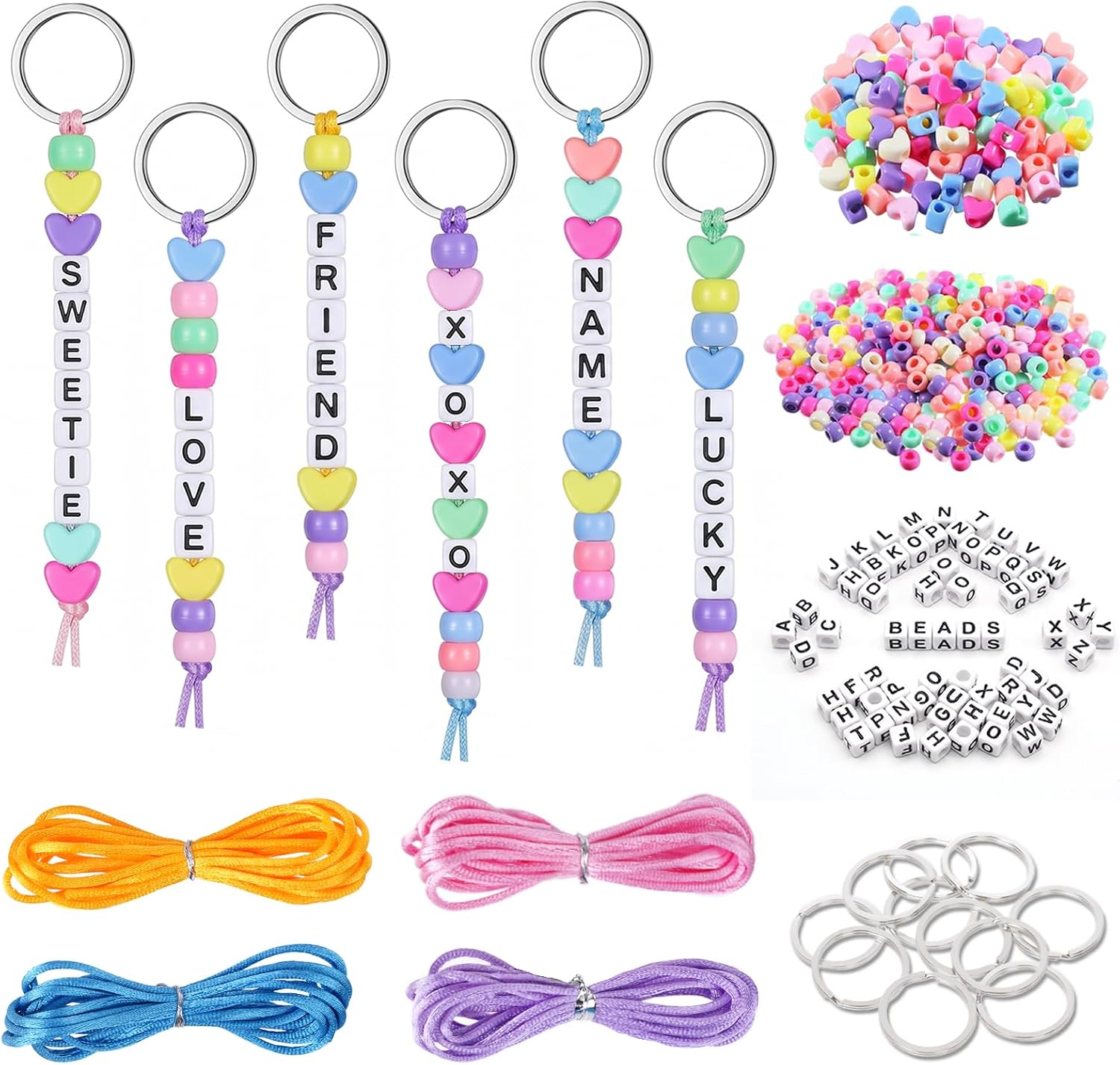Dfqsofd 566Pcs DIY Bead Keychain Making Kit, DIY Keychain Kit with Alphabet Letter Beads & Heart Beads Personalized Beaded Key Rings Set for Custom Backpack Charms, Bracelets, Crafts Gifts