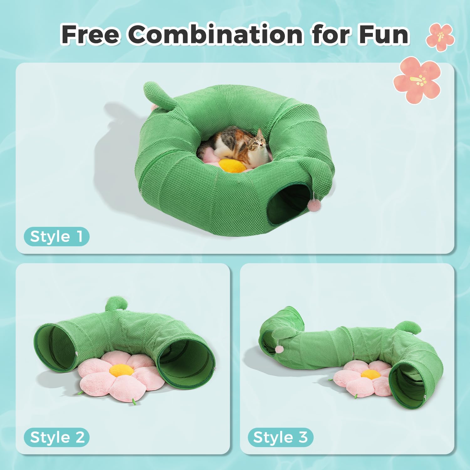 PAWZ Road Cactus Cat Donut Tunnel Collapsible Cat Tunnel Tube, Dia-38 inches with Flower Soft Mat for Indoor Cats and Rabbits