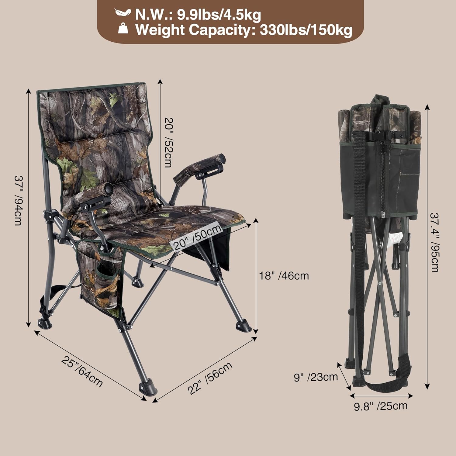 REDCAMP Oversized Hunting Chairs for Blinds with Thickened Cotton, Portable Folding Camo Padded Camping Chairs for Adults Hunting Seats with Hard Arms for Outside Outdoor, Camouflage