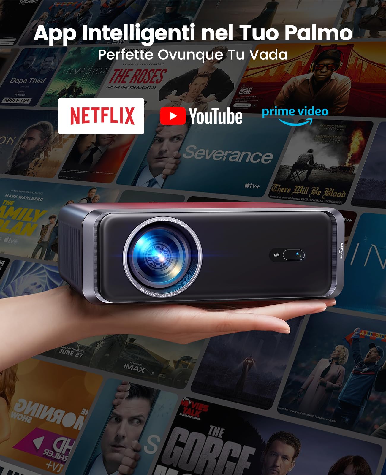 Proiettore 4K 1000ANSI Auto Focus Keystone WiFi6 Bluetooth5.3 Portatile 1080p Nativo HDMI ARC Nero
