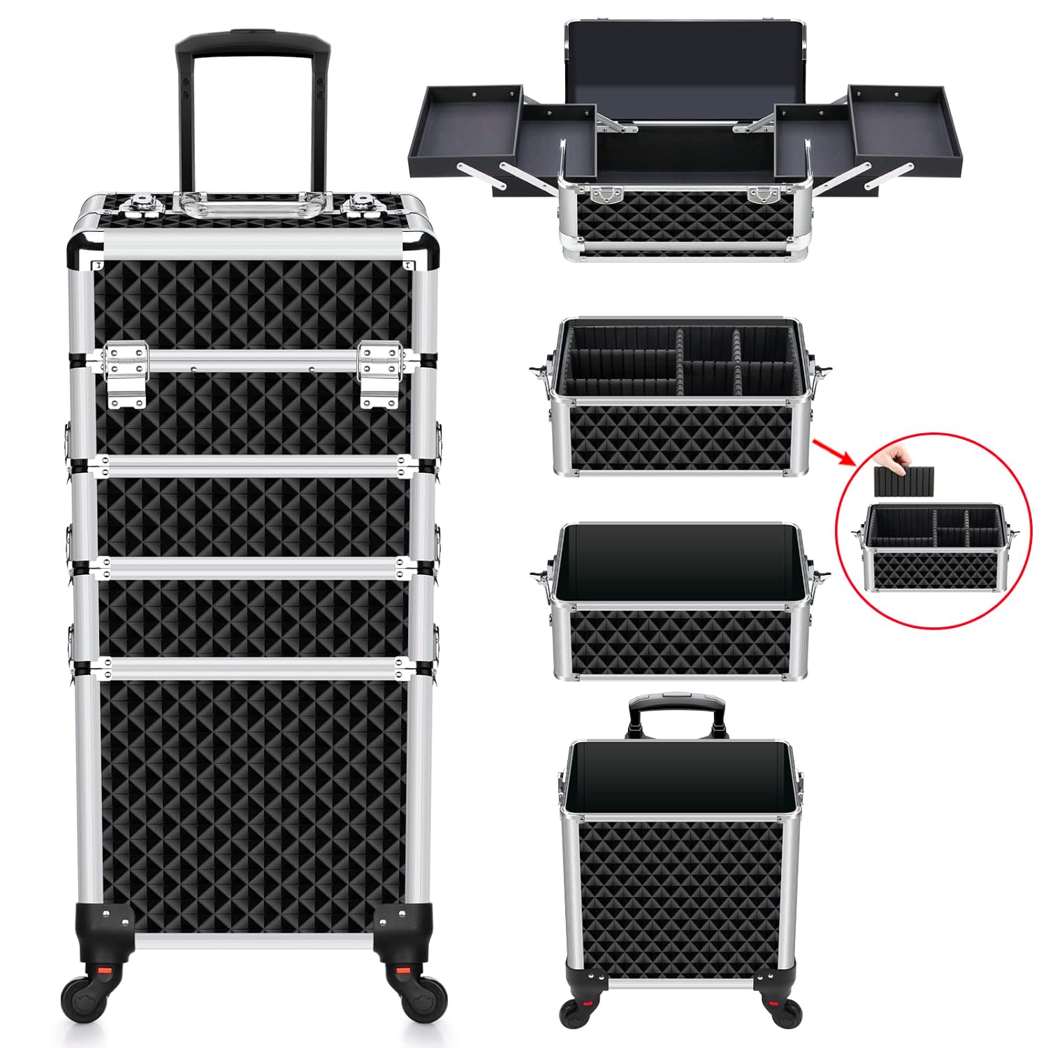 OUDMAY Makeup Case - 4 in 1 Professional Cosmetics Rolling Train Organizer with Aluminum Frame and Folding Trays Crystal Black