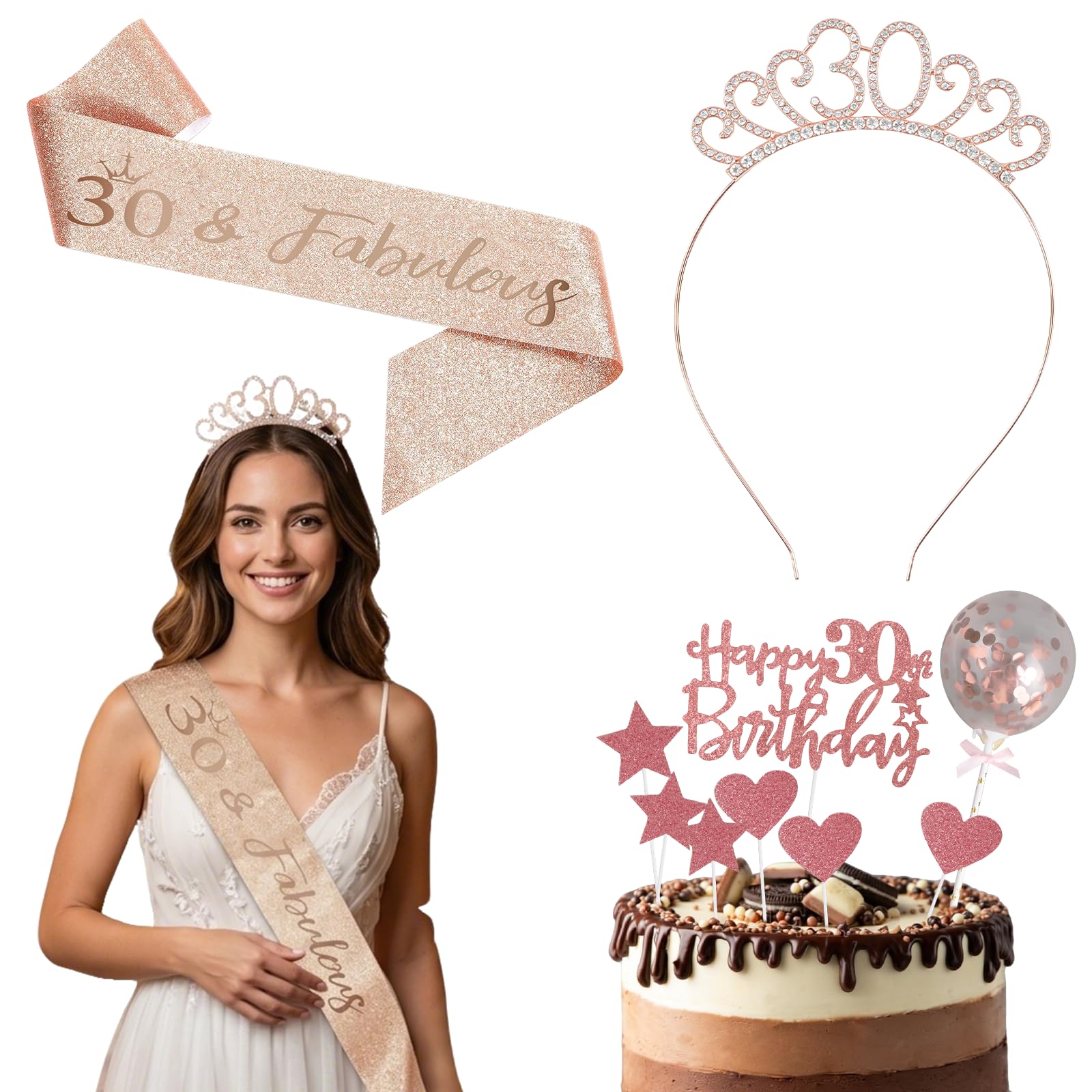 30th Birthday Decorations for Women, 30th Birthday Sash and Tiara, Rose Gold 30 & Fabulous Sash Rhinestone Crown Cake Topper for Party Decoration