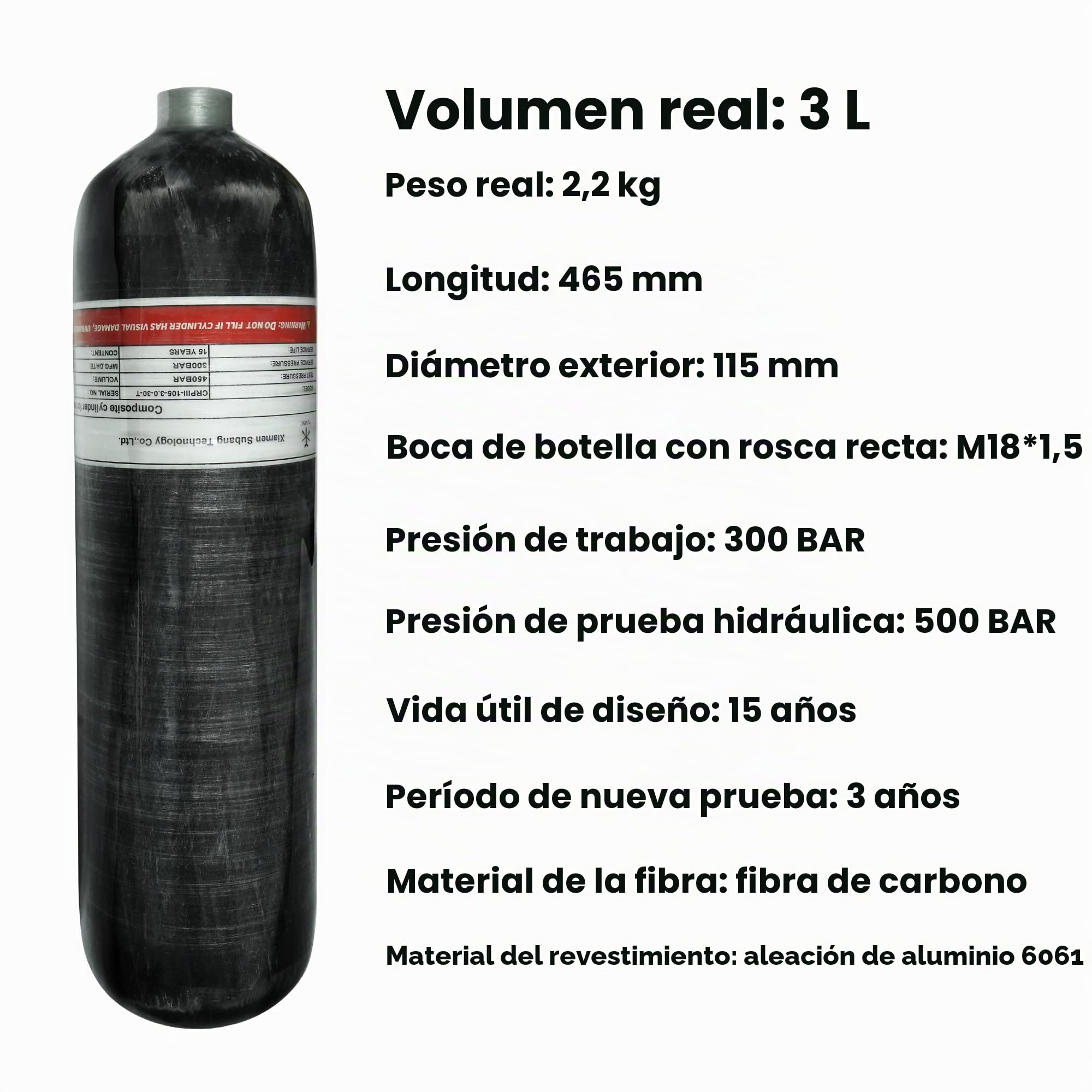 TUXING Cilindro de Fibra de Carbono 3 L 183 Pulgadas cúbicas Tanque de Aire Paintball 4500 PSI