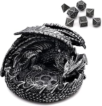Haxtec Dragon Dice Jail with DND Metal Dice Set Antique Iron Guardian Dragon Dice Tray Holder Dungeons and Dragons Accessories Gift Dragon Statue Decor