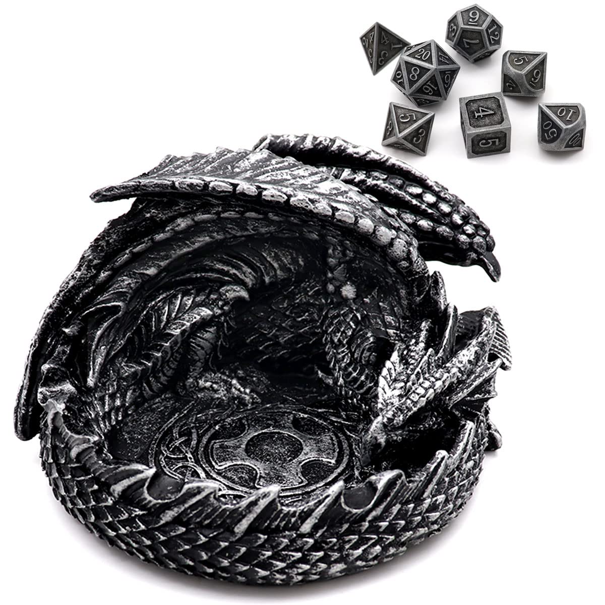 HaxtecDragon Dice Jail with DND Metal Dice Set Antique Iron Guardian Dragon Dice Tray Holder Dungeons and Dragons Accessories Gift Dragon Statue Décor