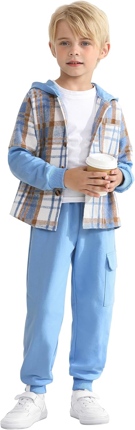 2Pcs Boys Clothes Sweatsuit Set Hoodie Flannel Plaid Shirt and Jogger Pants for Kids Fall Winter Spring Outfits - Image 4