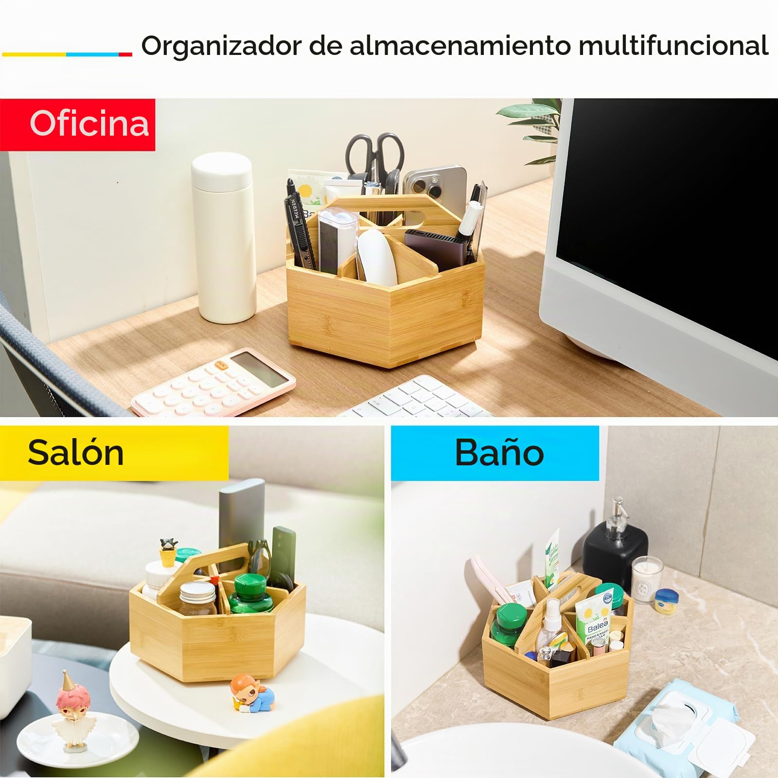 MEEDEN Organizador de Escritorio Giratorio de Bambú - Porta Lápices y Bolígrafos con 6 Compartimentos, Diseño Hexagonal para Material de Arte, Oficina, Escuela y Hogar