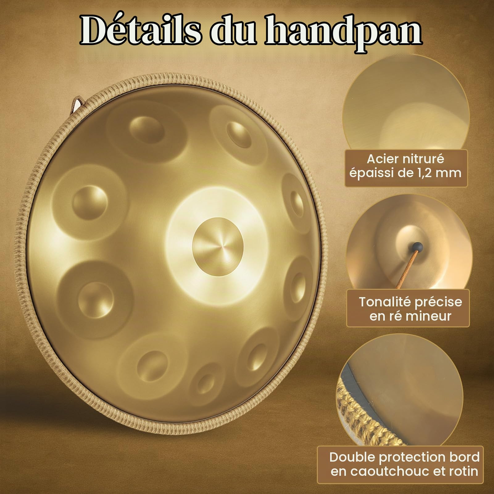 Handpan Drum, 22 Pouces 12 Tons Or Steel Hand Pan Tongue Drum D Minor pour Yoga, Méditation avec Sac à dos, Support de Batterie (440hz)
