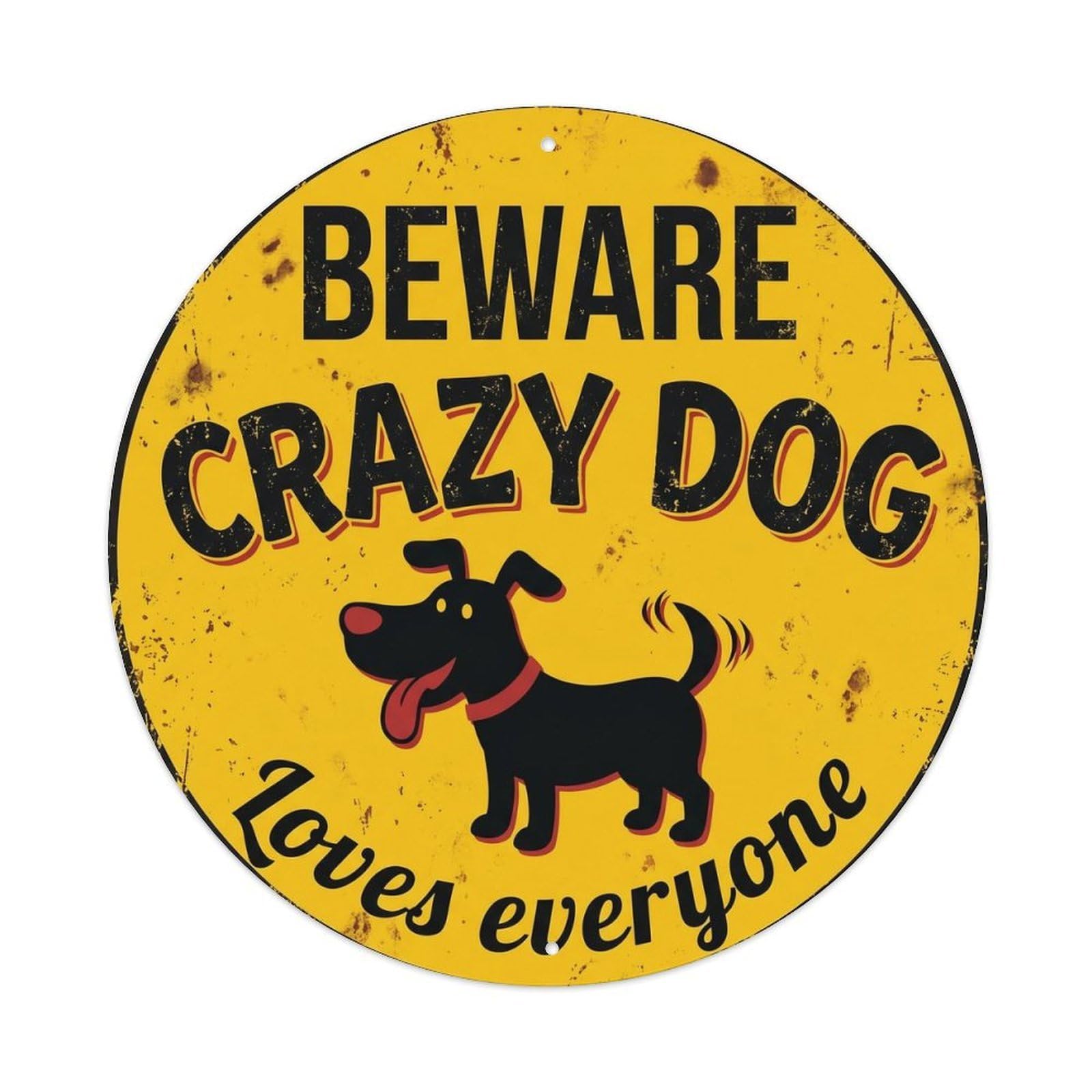 Beware Crazy Dog Vintage Round Wall Decor Retro Slogans Metal Tin Sign Plaque Wall Decor for Cafe, Club Bar, Office, Home Garden Round Metal Poster 8x8Inch